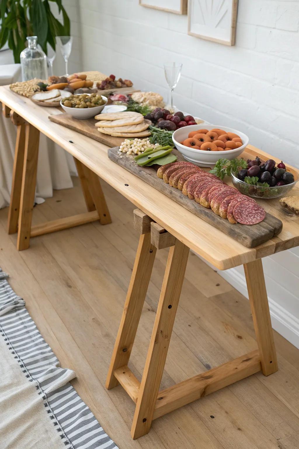 Sawhorse charcuterie table: a DIY grazing line with clean Scandinavian warmth and boho charm.