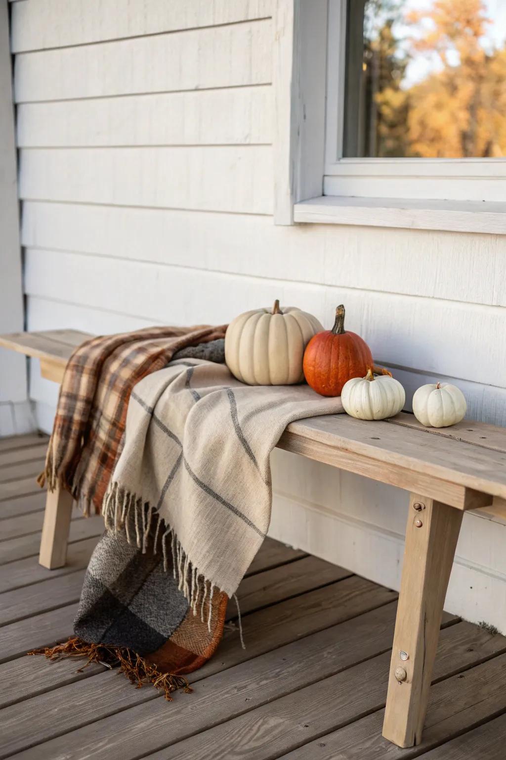 Plaid blanket + pumpkins transform a plain porch bench into cozy, cheap DIY fall decor.