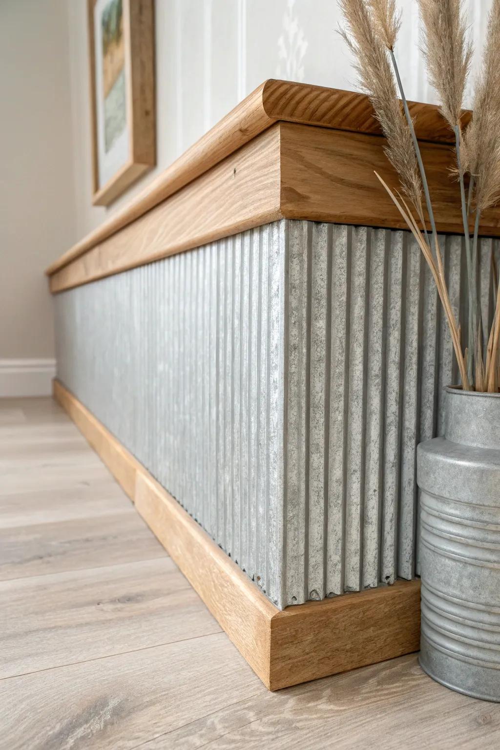 Corrugated metal baseboard with a simple wood cap—rustic, tough, and quietly stylish.