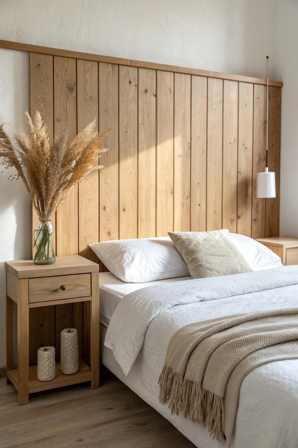 A budget-friendly wood headboard wall panel that adds cozy warmth without covering a full wall.