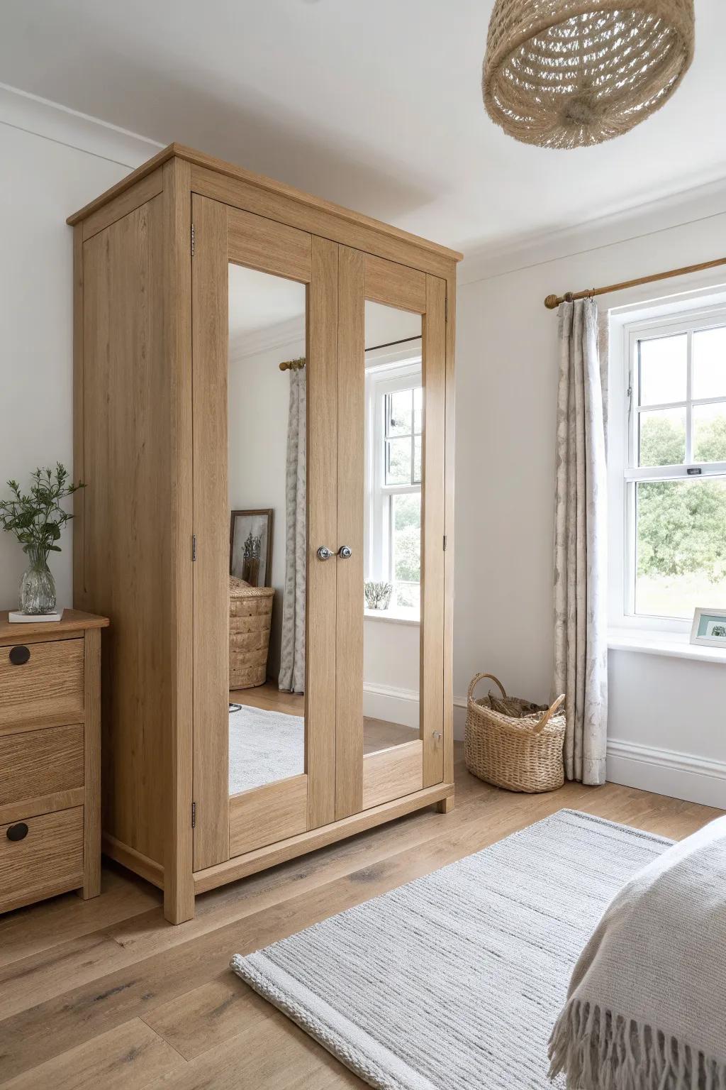 Mirrored oak-panel wardrobe door that brightens a small kids’ room and feels timeless.