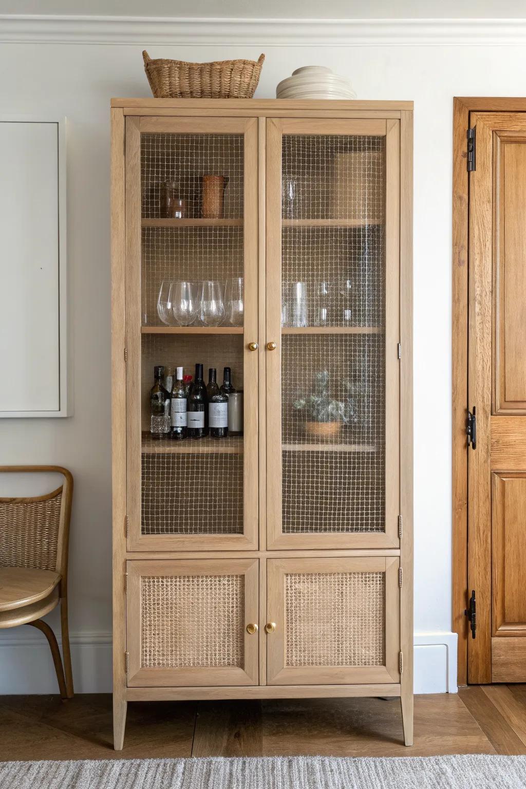 Airy cane-webbing doors transform a china cabinet into a chic, clutter-hiding home bar.