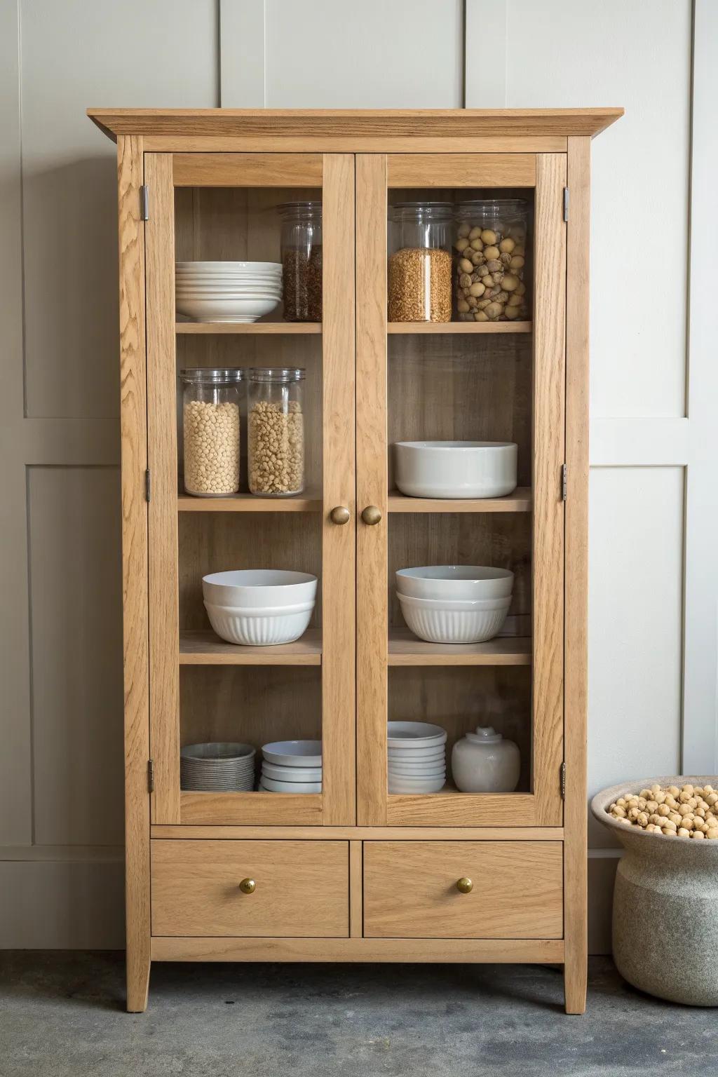 A pantry-style china hutch with labeled jars behind glass—pretty storage for small kitchens.