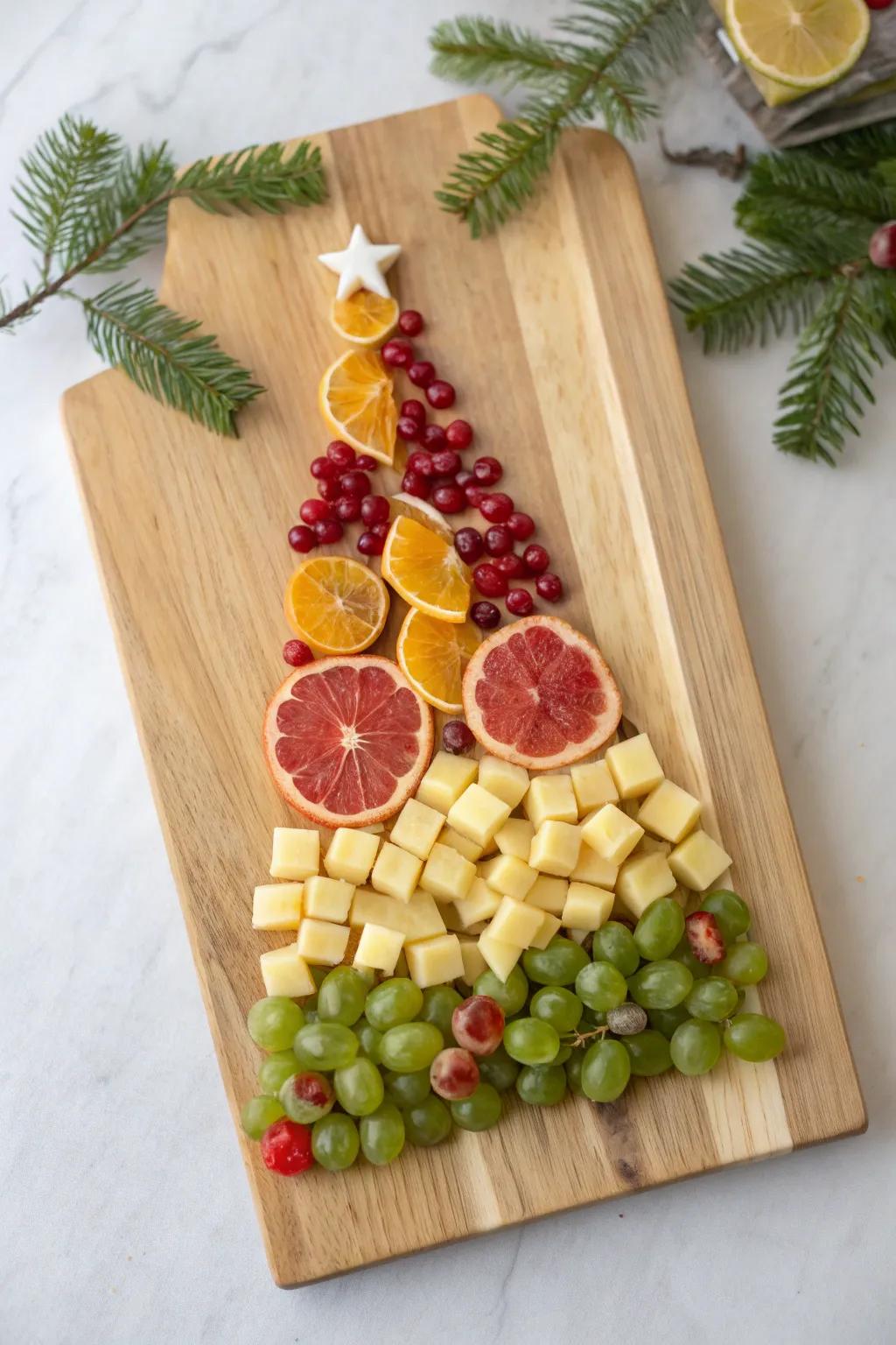 Stained-glass fruit-and-cheese tree framed in cubes—minimal, festive, and beautifully crafted.