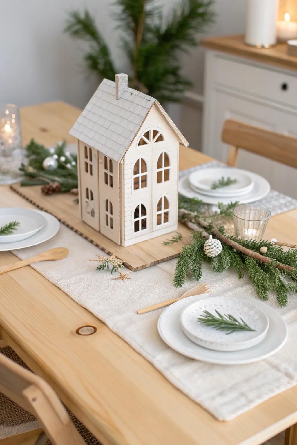 Mini Christmas dinner table styling: runner, twig greenery, and tiny handmade candlelight.