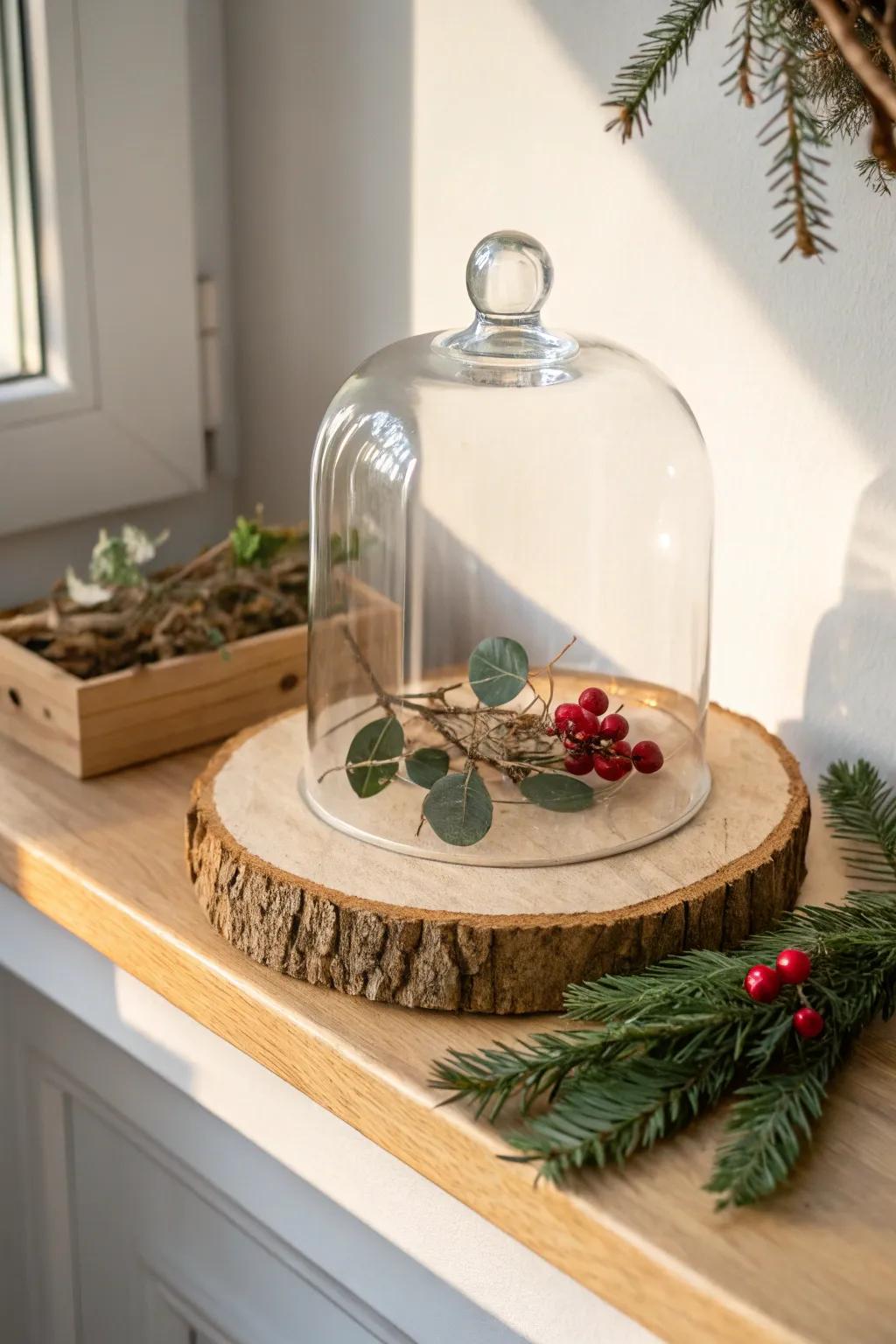A tiny sleigh under glass with fresh greens—simple, cozy shelf decor with natural wood charm.