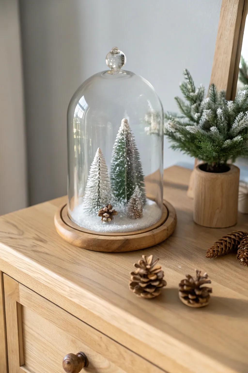 A glass cloche winter vignette—minimal, magical, and perfect for letting wood tones glow.