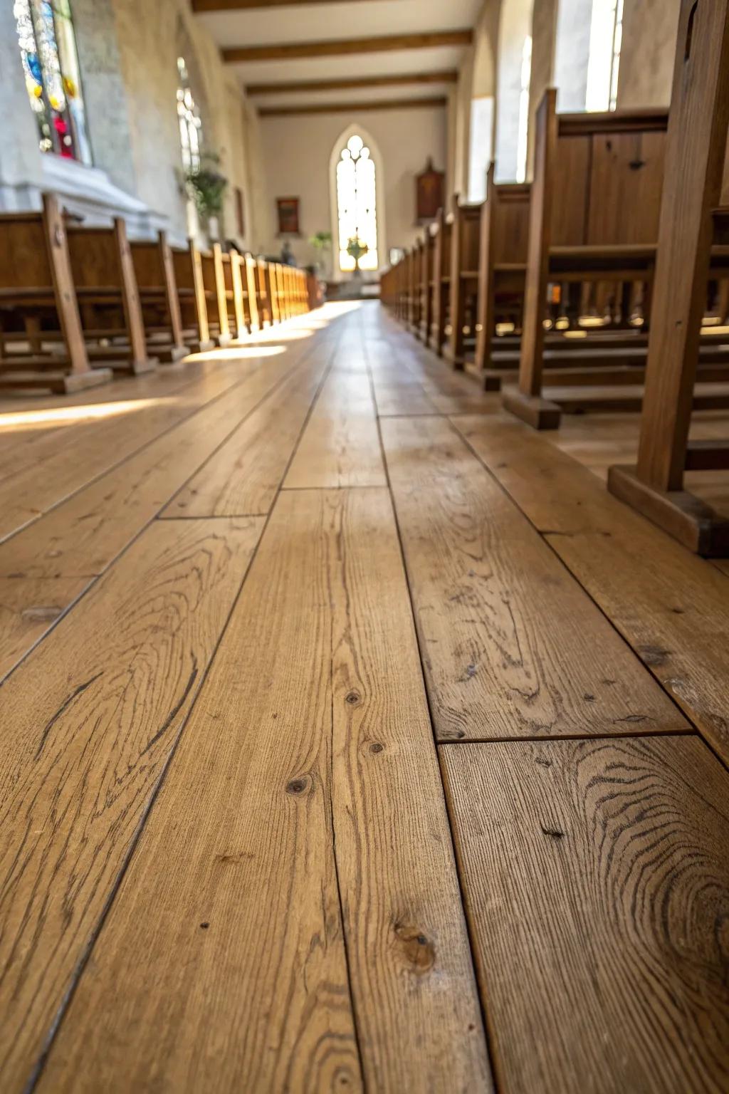 Wide-plank wood flooring brings calm farmhouse warmth to a church aisle—natural grain, soft light.