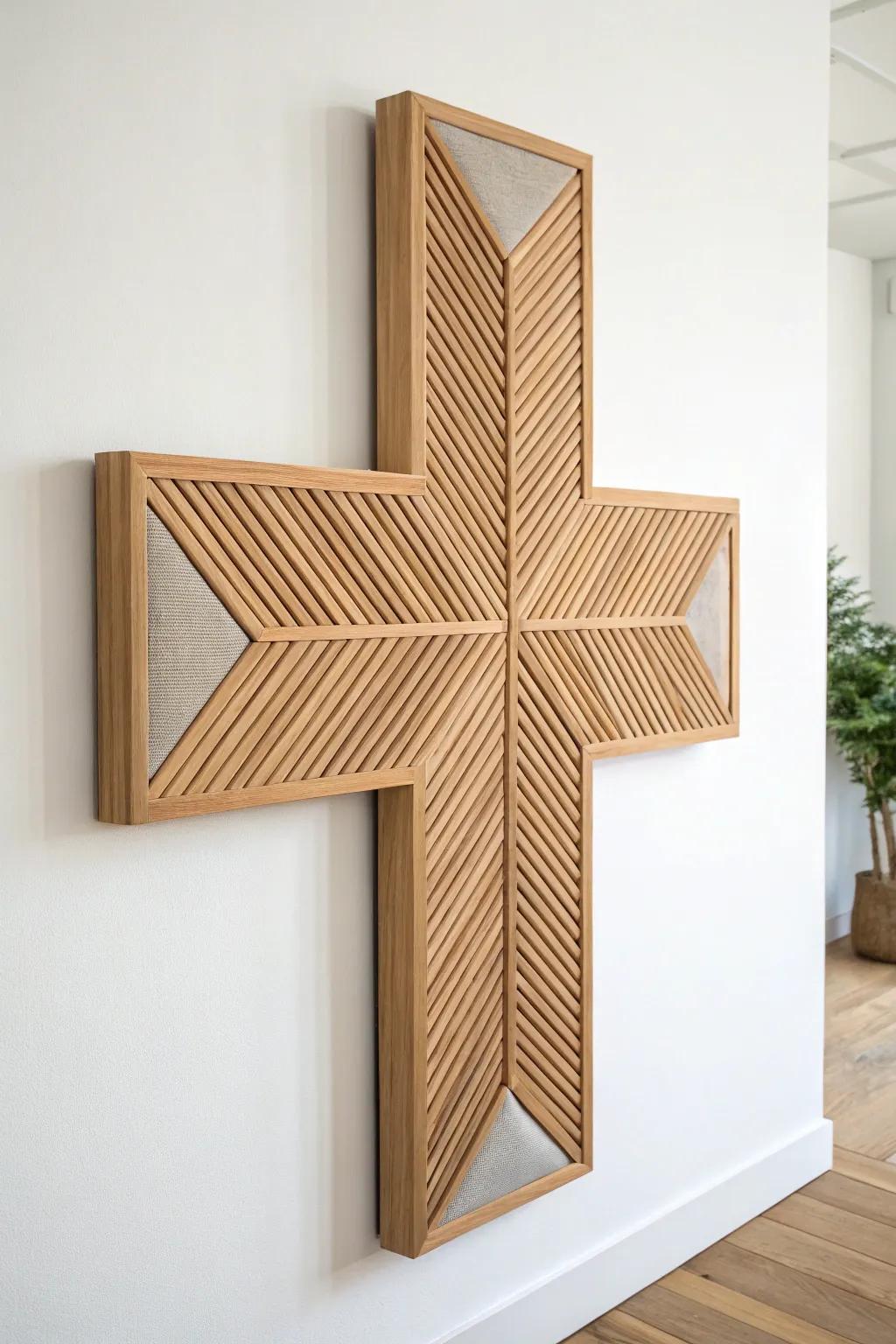 Minimal oak acoustic cross panel—linen-wrapped to soften echoes and elevate church walls.