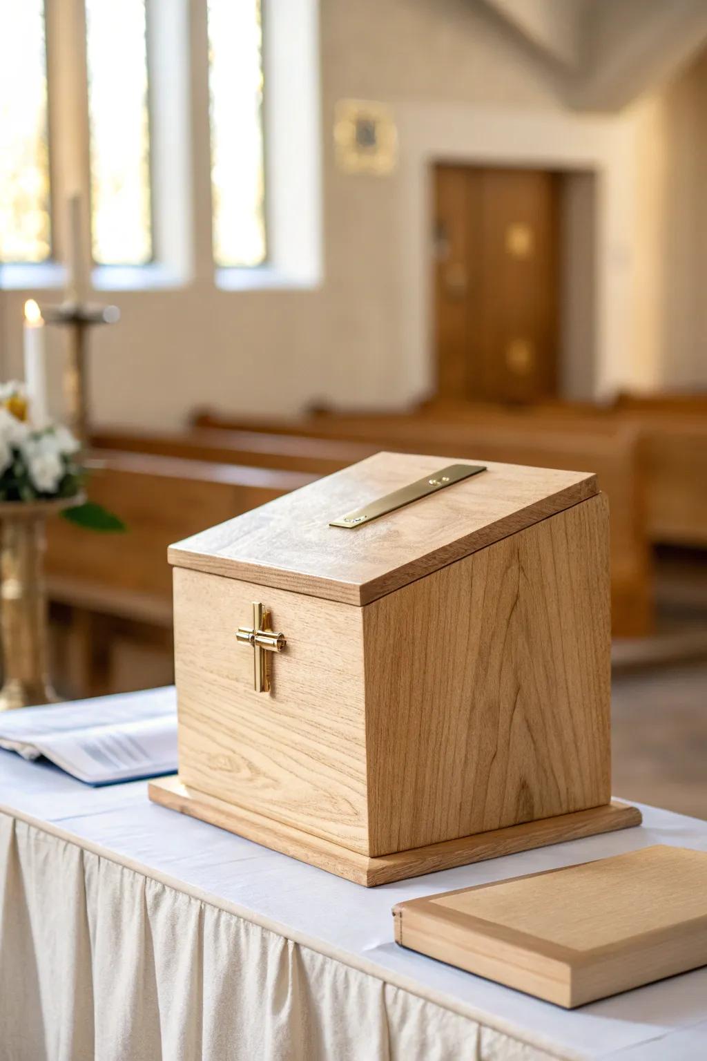 A handcrafted prayer request box—simple, warm wood tones, and quietly welcoming.