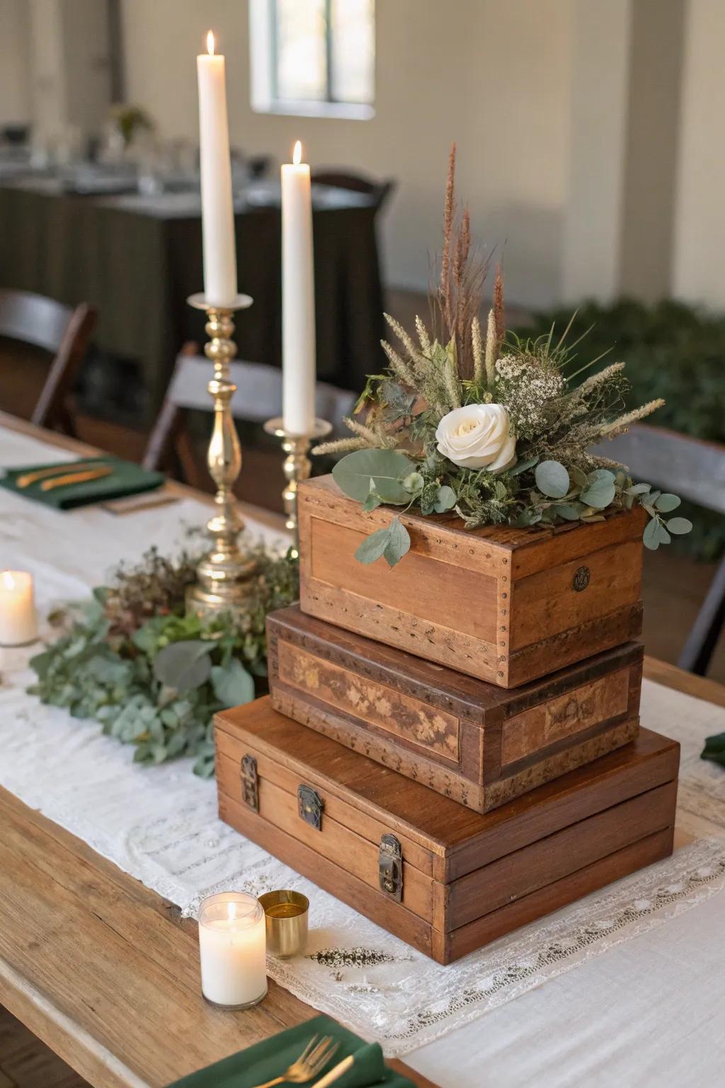A tiered cigar box stack centerpiece—florals above, candles below, all warm wood charm.