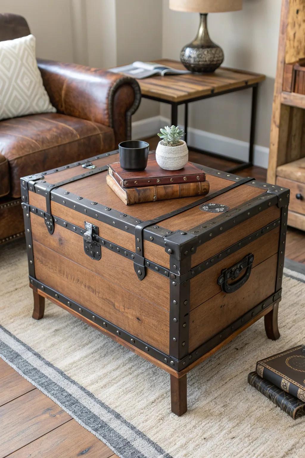Reclaimed trunk cigar table: smooth wood lid on vintage storage, crafted for clean, cozy lounge vibes.