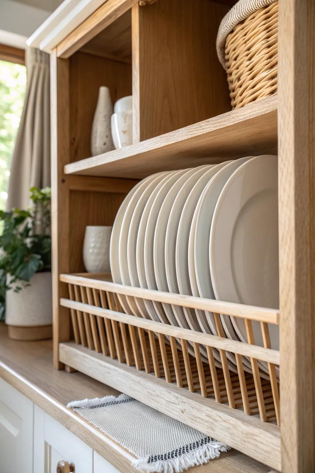 Classic charm: a built-in oak plate rack that turns everyday dishes into a display.