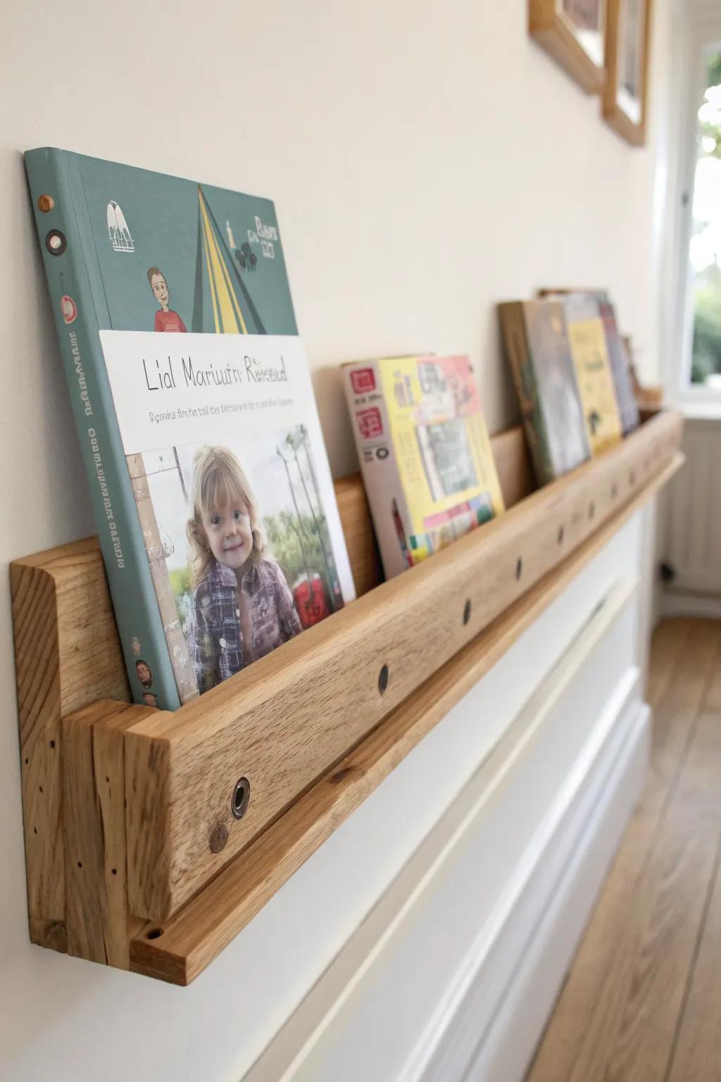 Slim scrap-wood book rail displays featured reads face-out and saves precious classroom floor space.