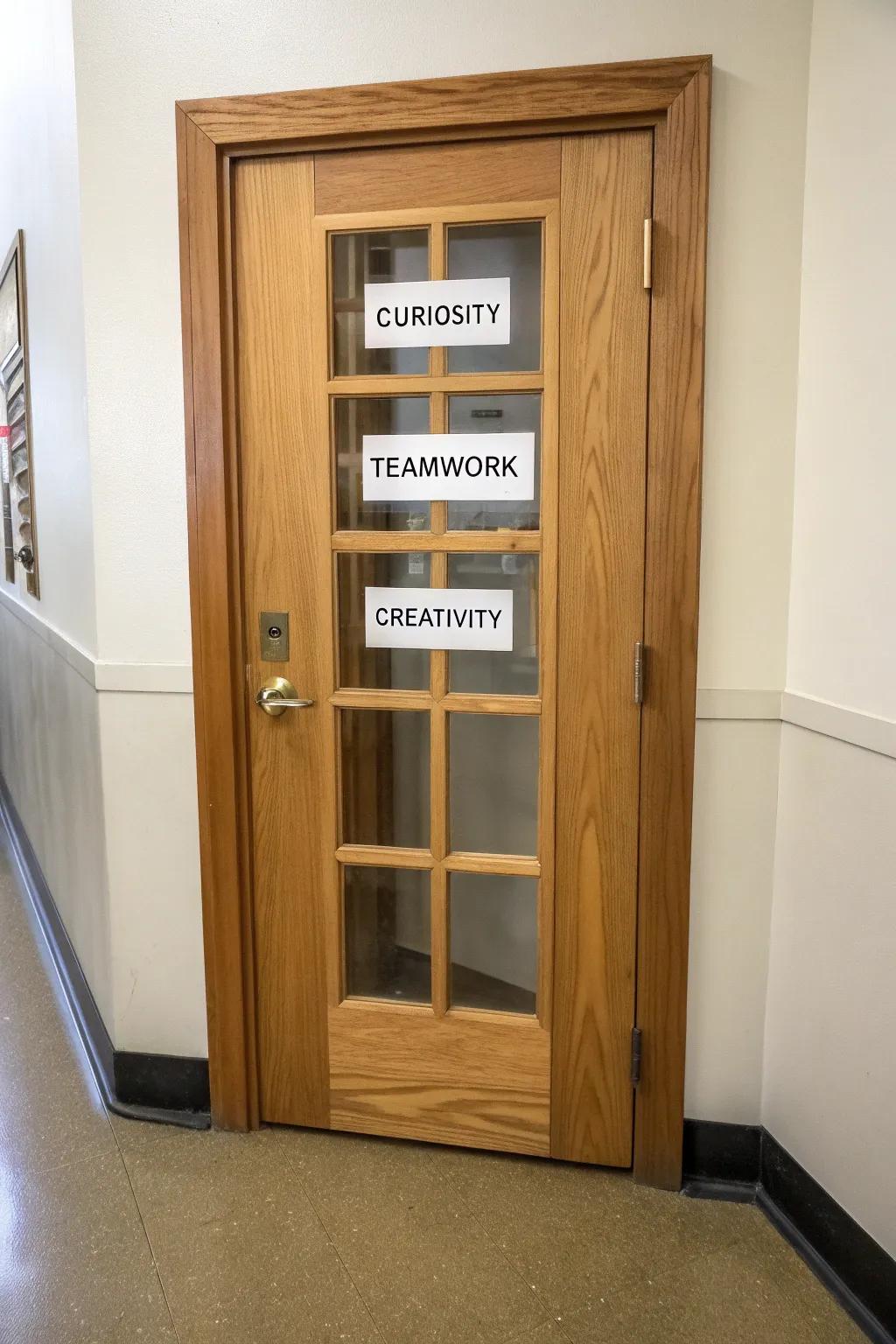 Science specimen-label door: a warm wood frame with curiosity, teamwork & creativity tags.