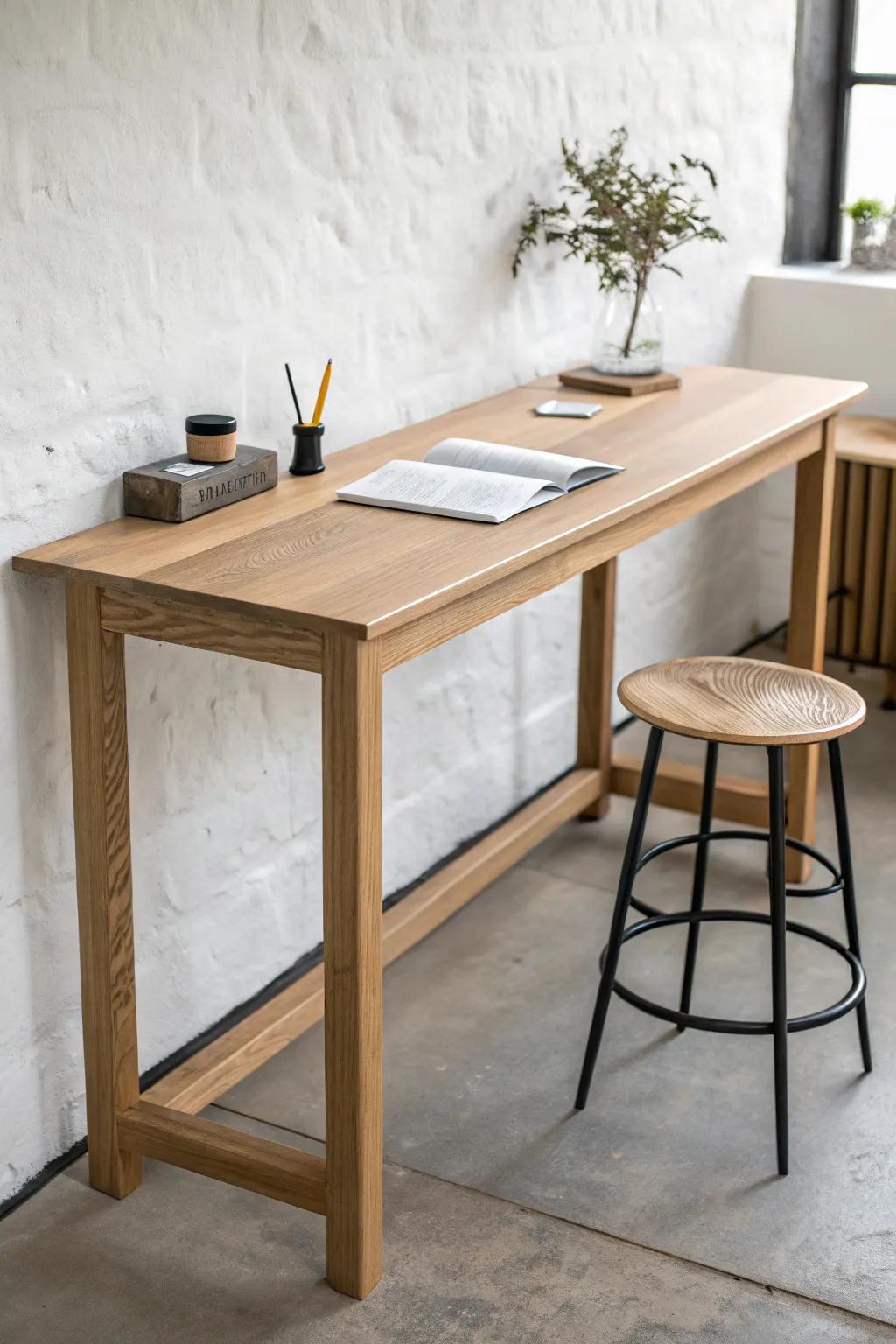 Wall-facing oak research bar table: a calm focus strip that saves space and feels handcrafted.