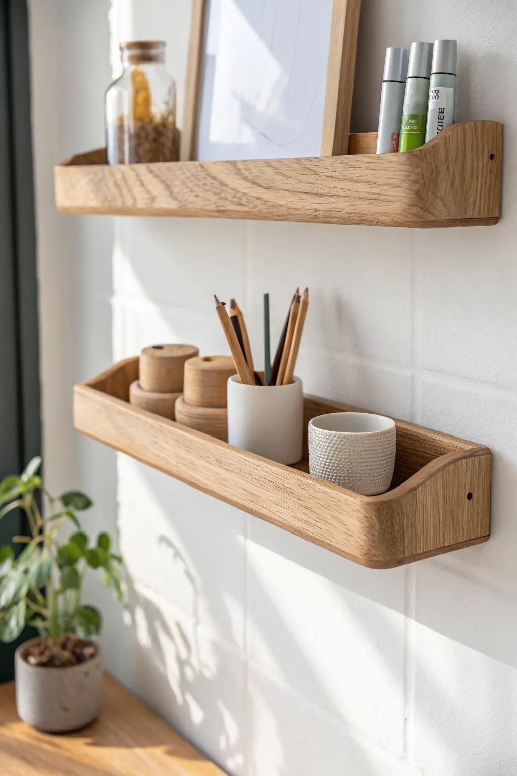 A simple oak shelf under the whiteboard keeps markers visible and stops slide-and-crash mess.