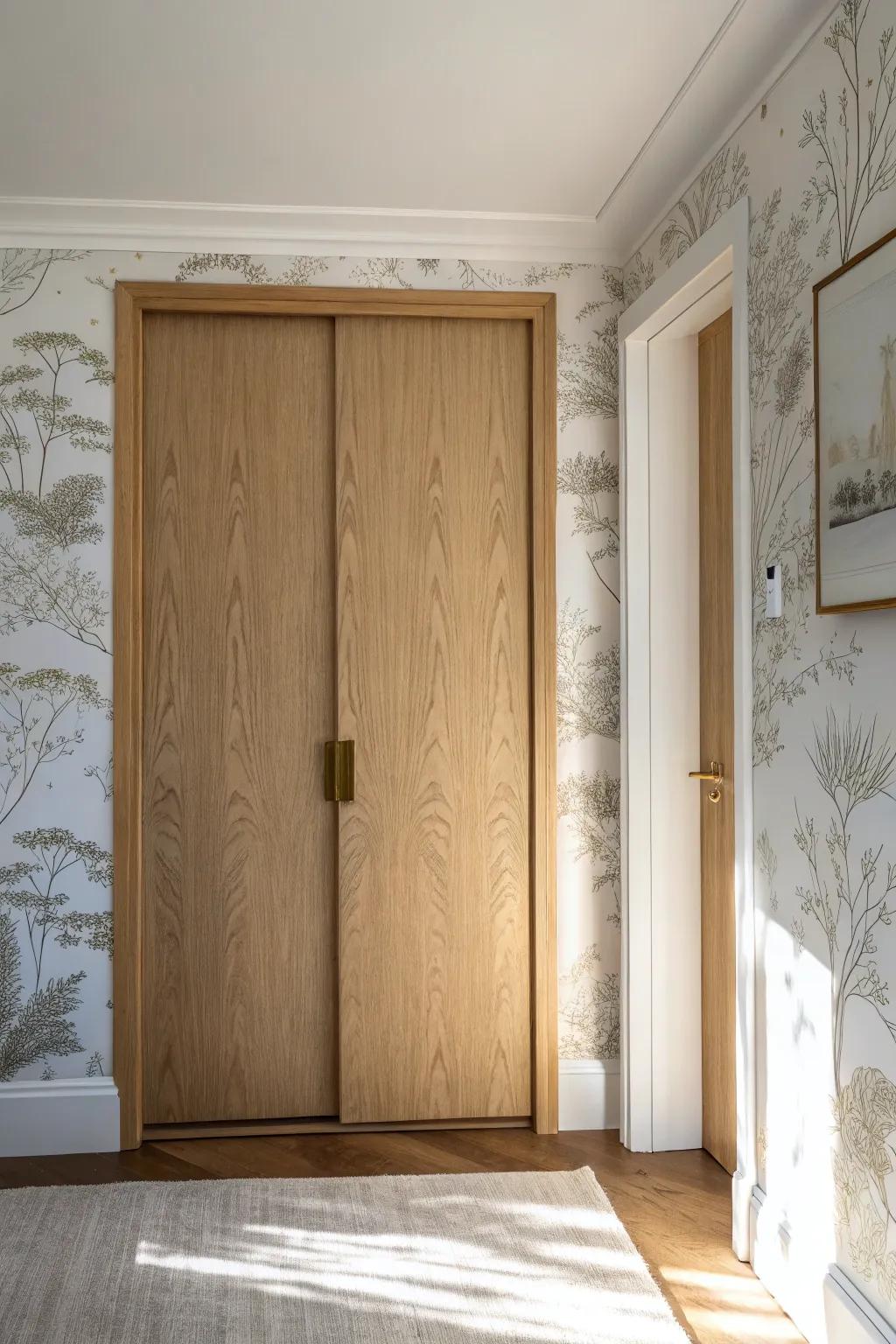 Wallpaper-wrapped closet door that blends into the wall—hidden storage with serene, minimal style.