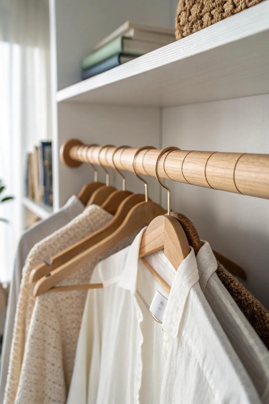 Swap metal for a sealed oak dowel rod—warm, minimal, and made for smooth-glide hangers.