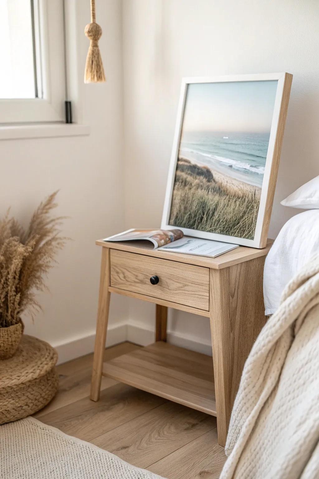 Soft-toned coastal landscape in a light wood frame for an airy, calm farmhouse bedroom.