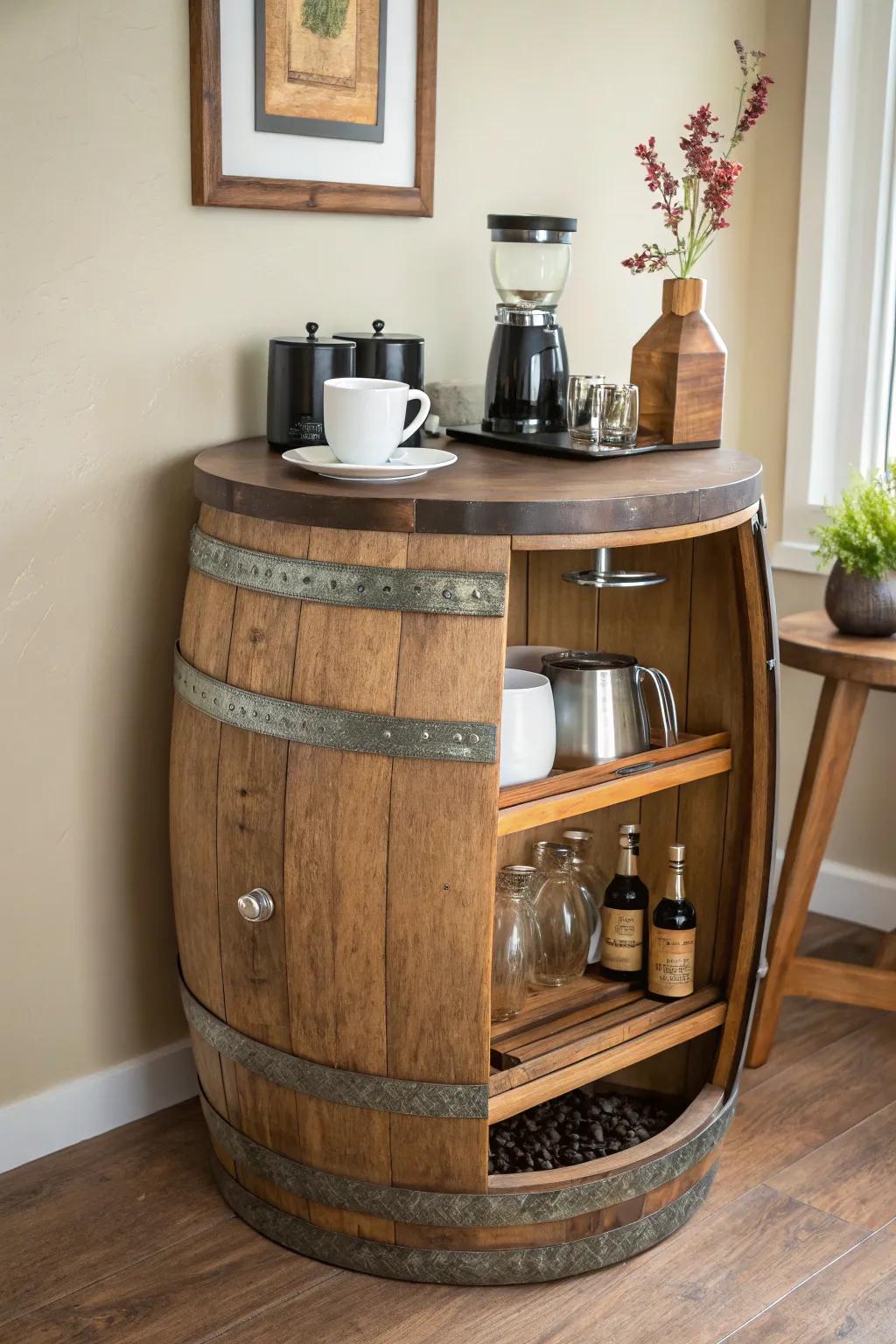 Reclaimed barrel bar: coffee shelf meets hidden bottle rack—rustic elegance in one statement piece.