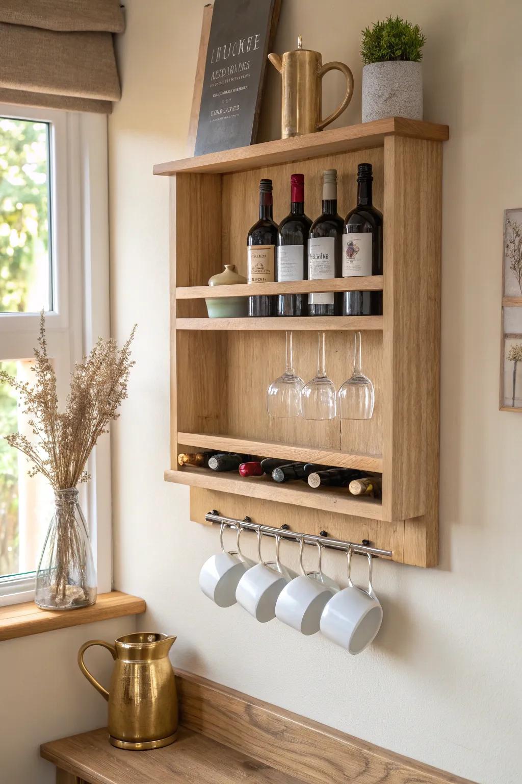 A tidy coffee + liquor wall bar with a wine rack above and a mug rail below—so chic.