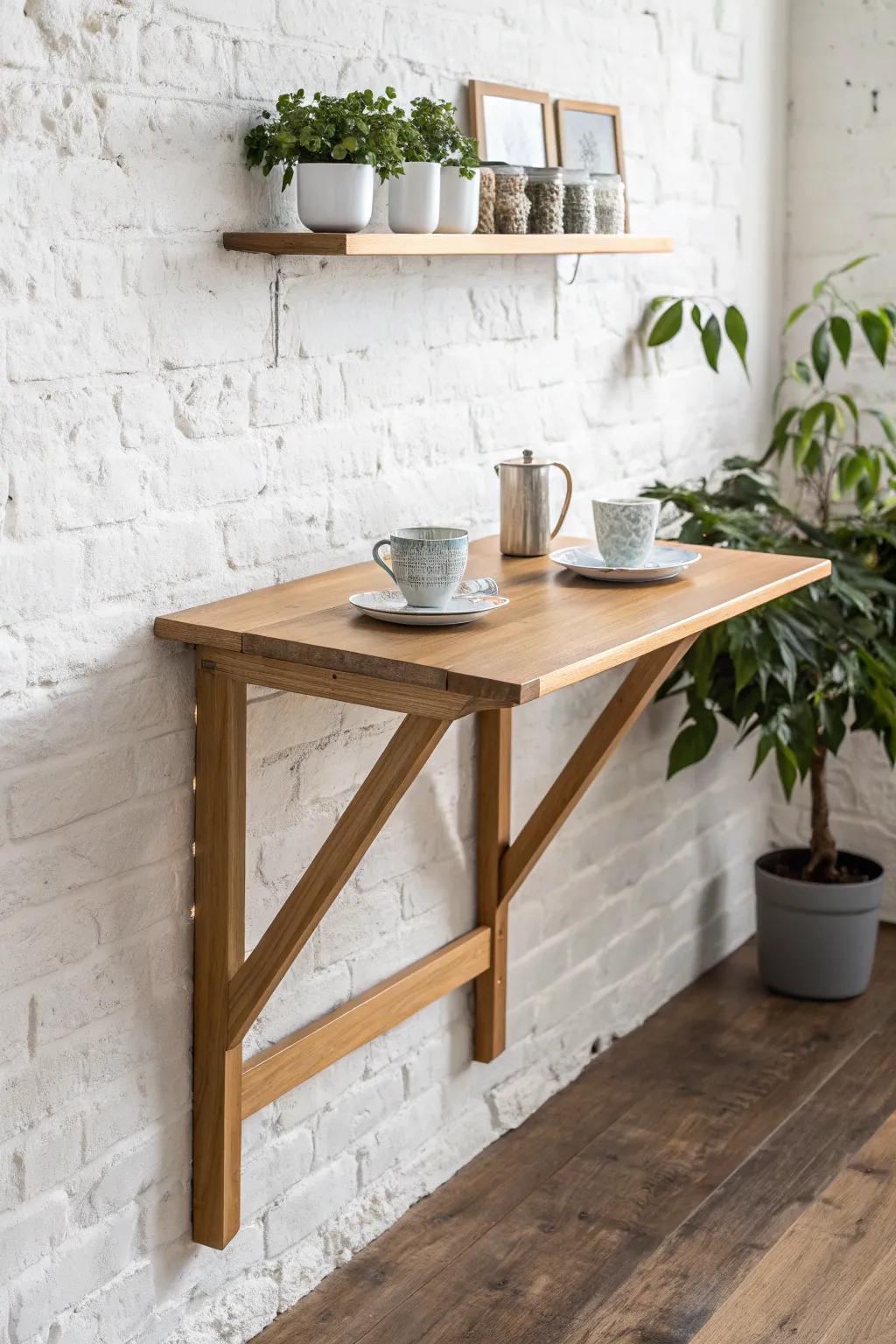 Space-saving fold-down wall coffee table in oak—minimal, sturdy, and perfect for tiny cafés.