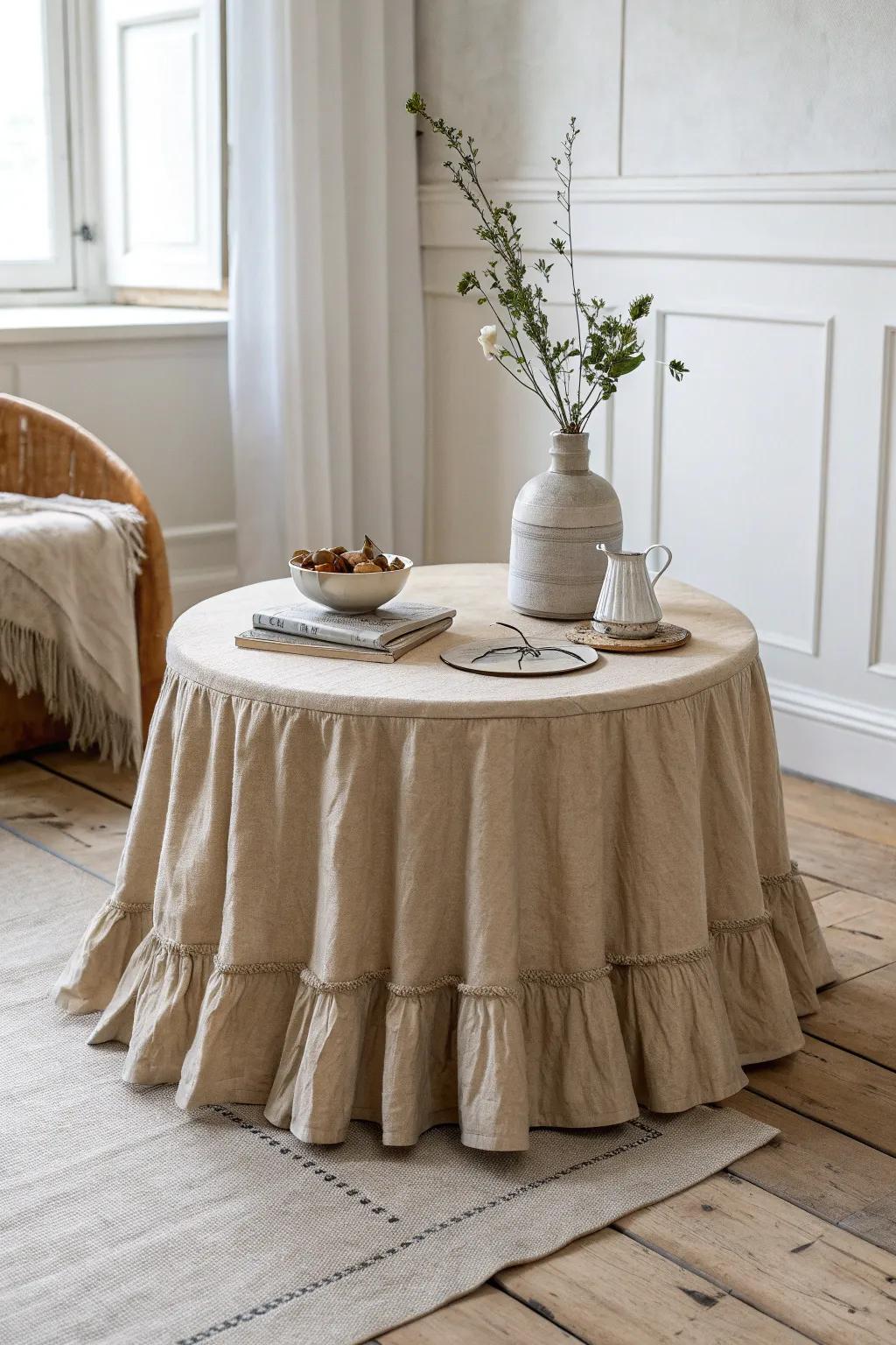 A long linen skirted cover hides storage and instantly makes your coffee table feel calm.