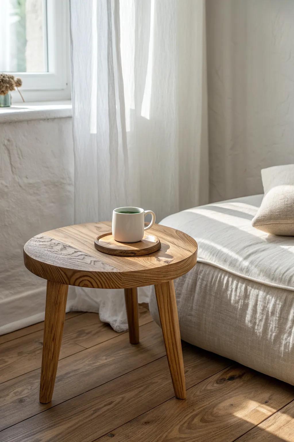 Feet-up comfort meets function: an ottoman paired with a petite wood coffee table for mornings.