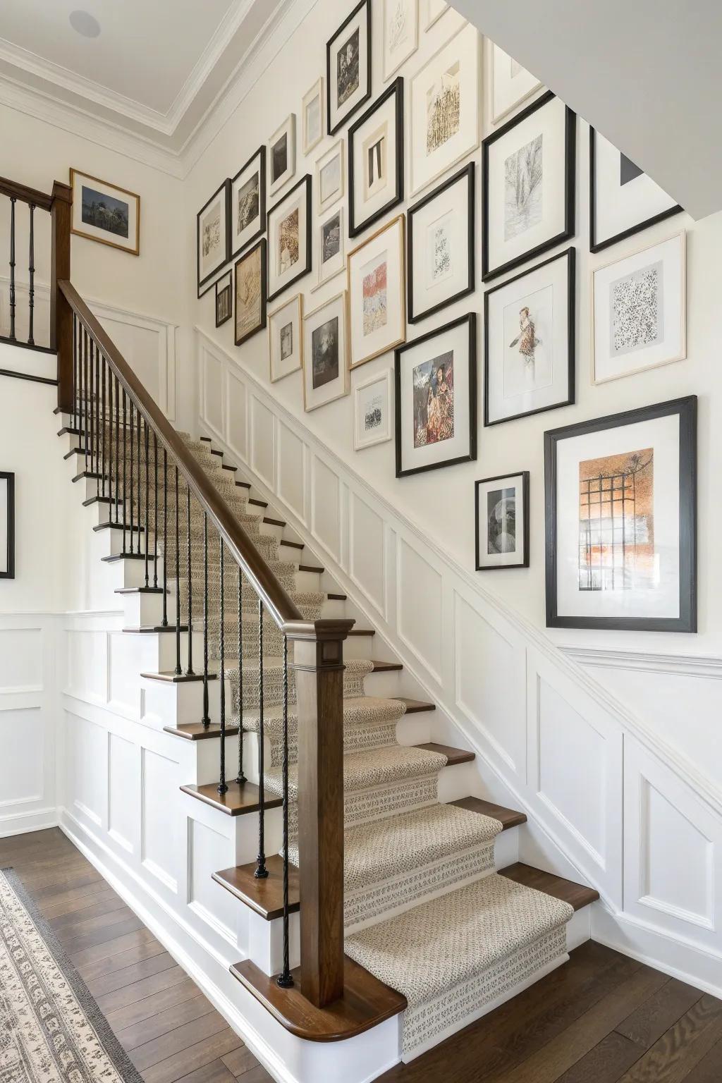 A symmetrical stairwell gallery with matching frames adds timeless polish to a colonial foyer.