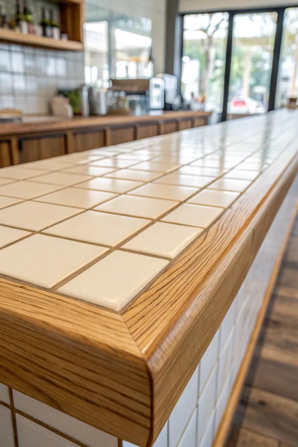 Matte zellige tile bar top with a warm oak edge—durable, refined, and beautifully minimal.