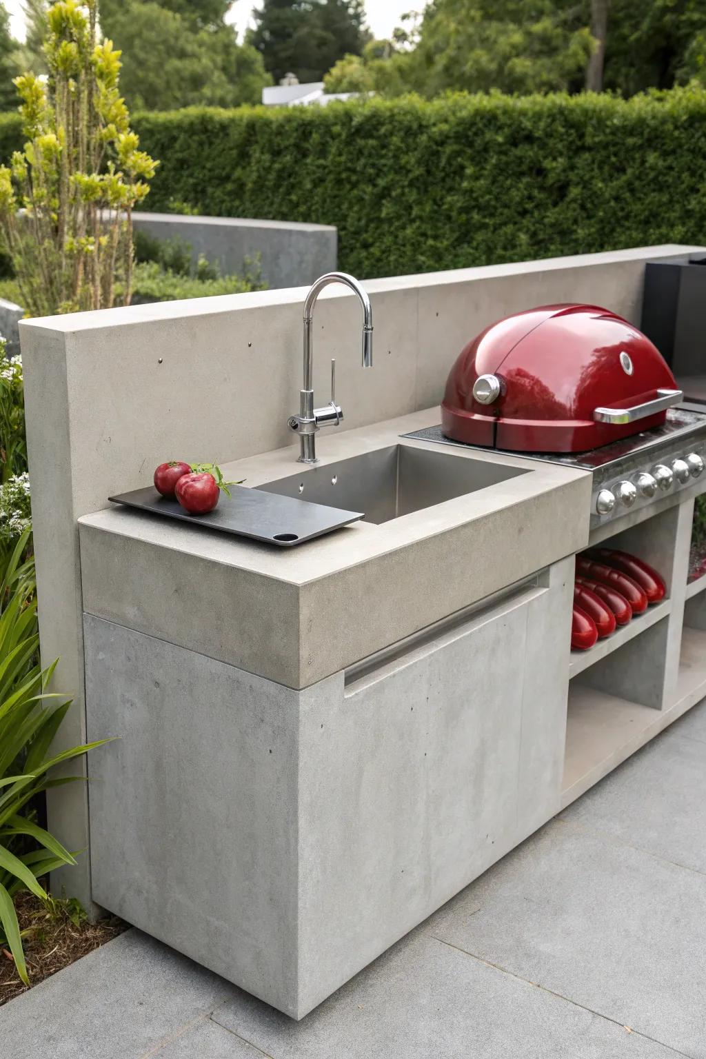 Elevate your grilling experience with a concrete BBQ station featuring a built-in sink—where functionality meets craftsmanship.