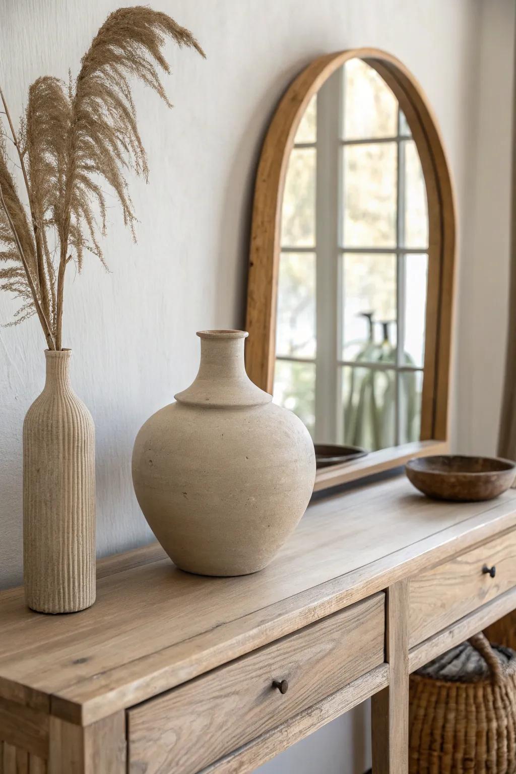 A sculptural matte vase on oak, doubled by an arched mirror for earthy modern farmhouse style.