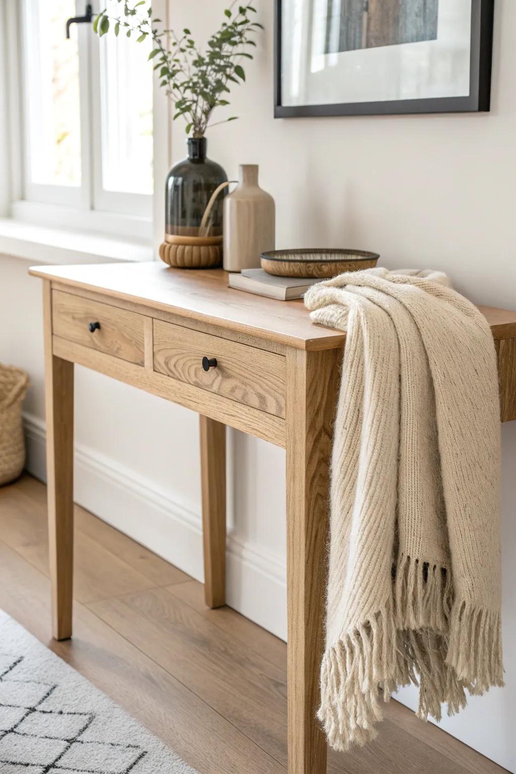 Soften your console table with a neatly folded throw—instant warmth and lived-in charm.