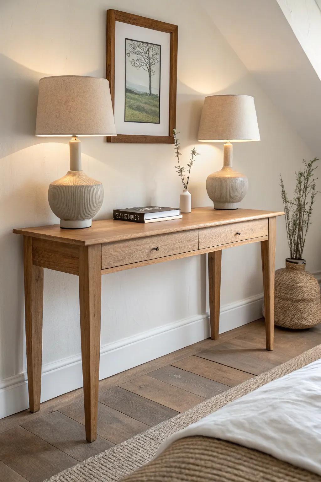 Symmetry on a warm oak console brings instant calm—matching lamps, simple centerpiece, pure ease.