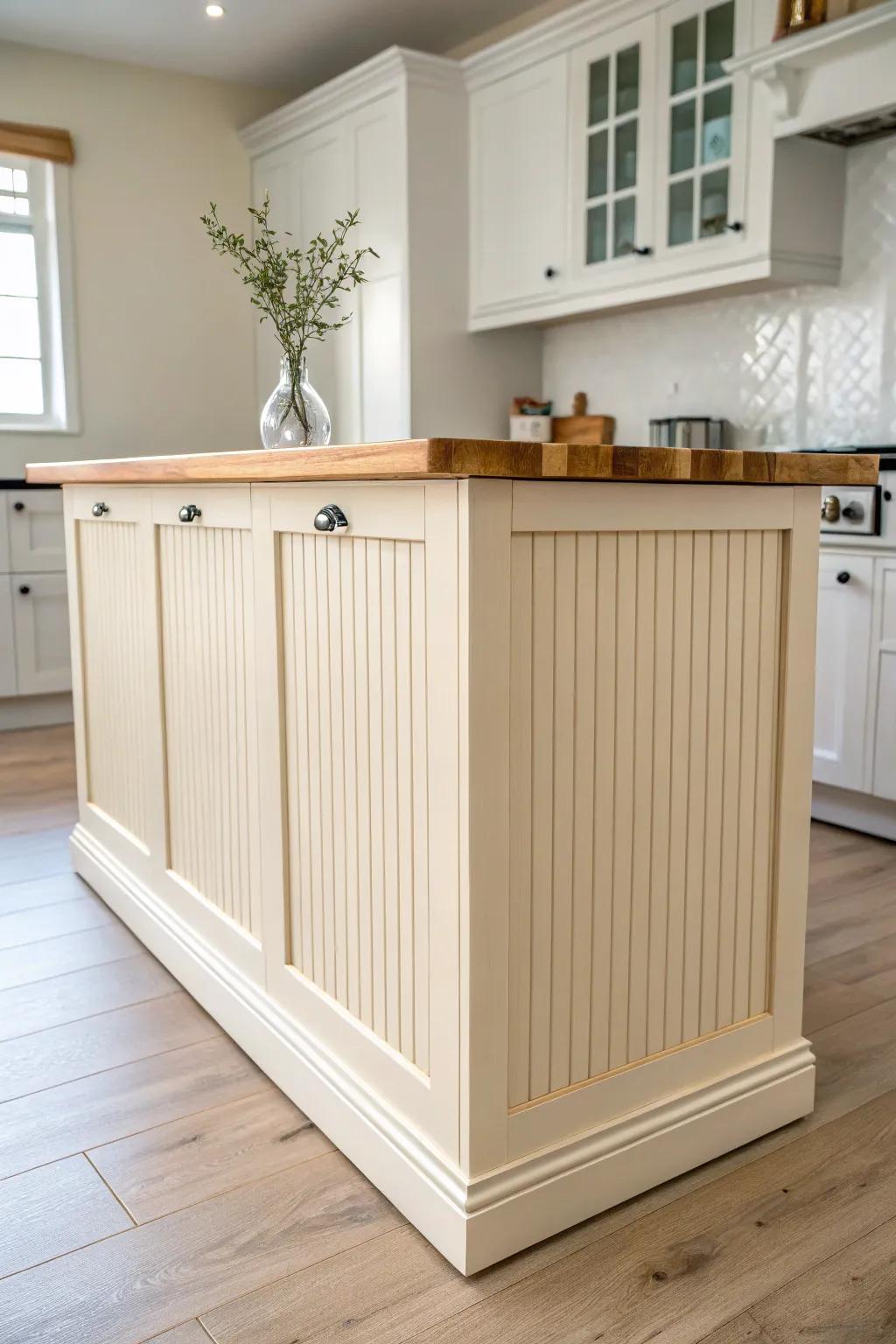 Soft beadboard texture meets a warm oak top—farmhouse charm with modern contrast.