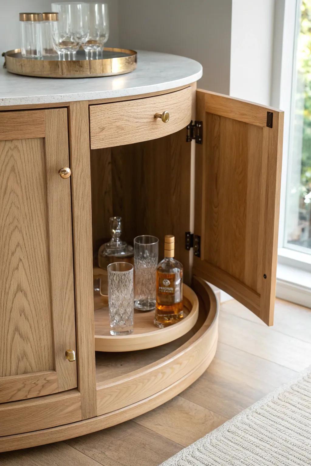 A corner bar cabinet upgrade: a smooth Lazy Susan tray keeps every bottle easy to reach.