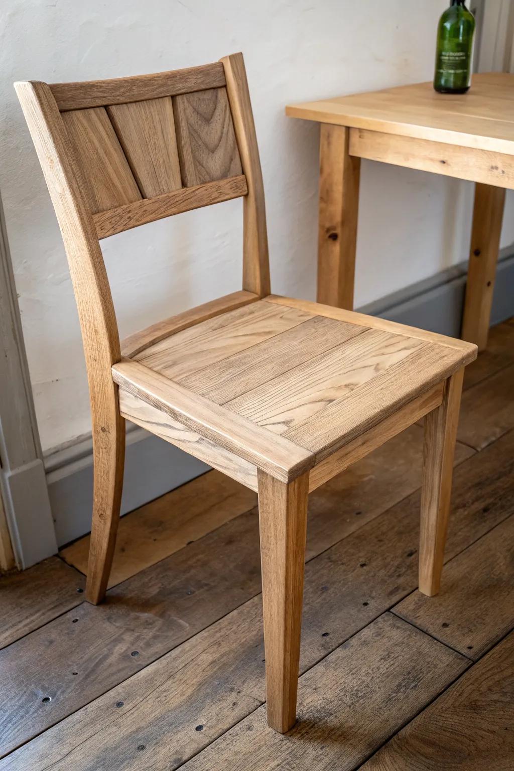 Upcycled oak dining chair reborn as a corner-hugging seat with an angled back and tiny arm.