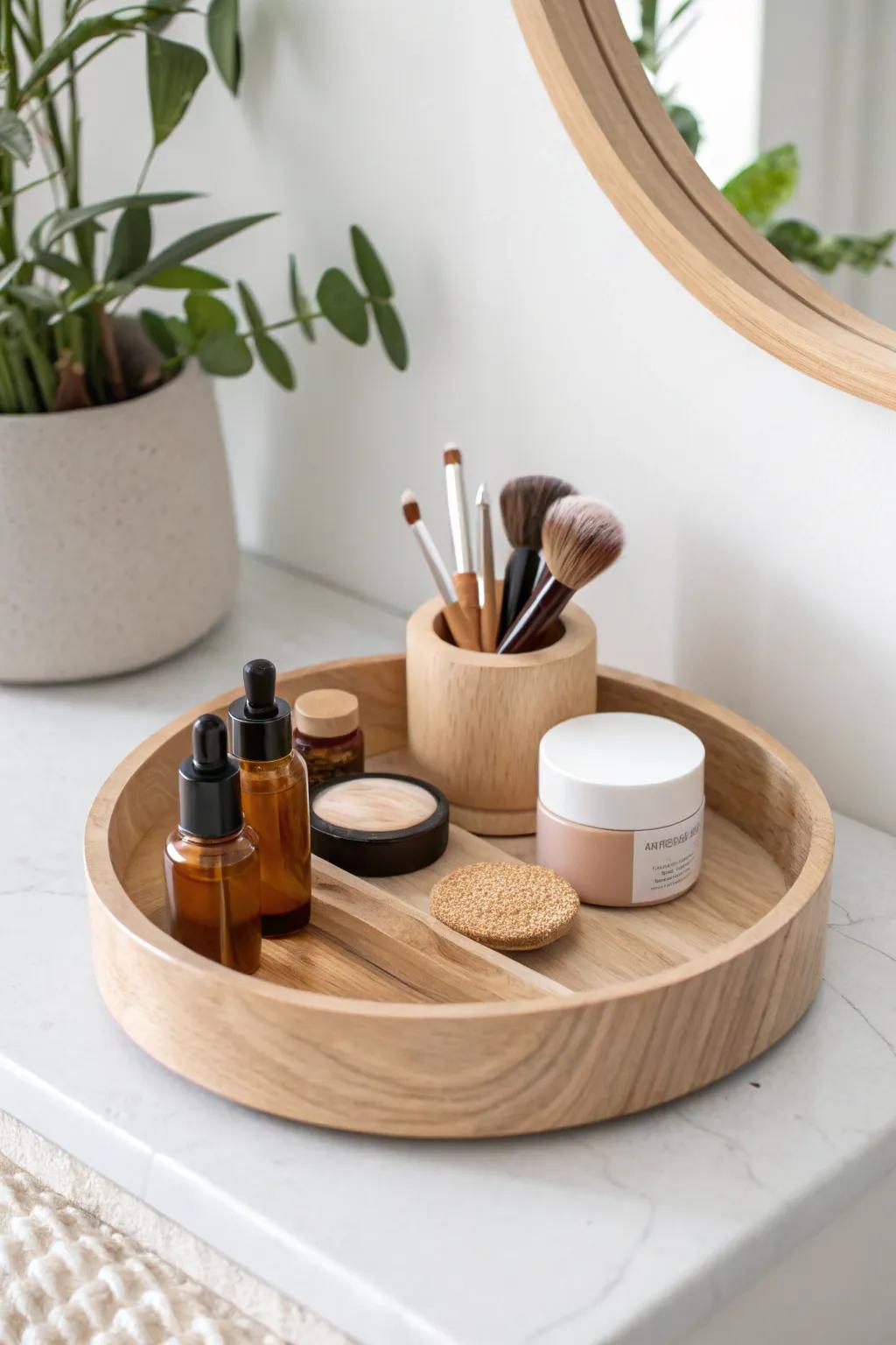 Tame the deep corner: a slim oak lazy Susan spins your daily makeup essentials into view.