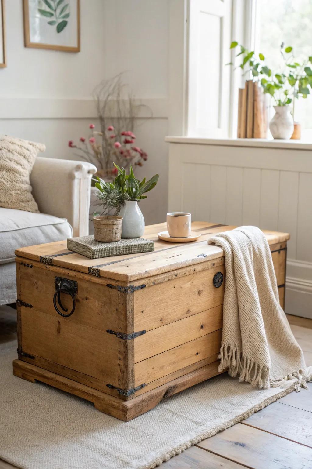 Upcycled wood trunk coffee table: cozy corner character with hidden storage and handmade charm.