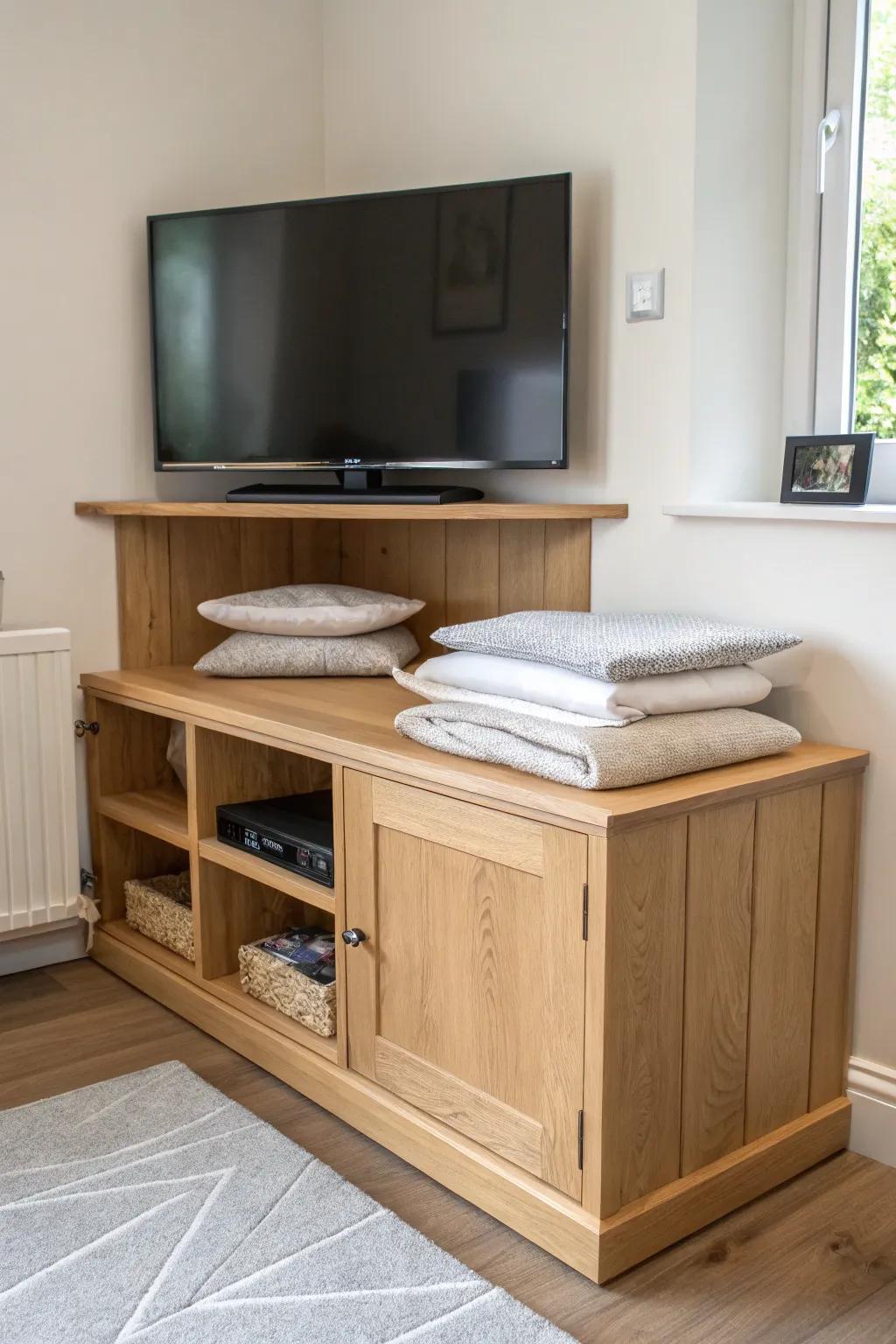 Corner bench + TV shelf combo with lift-top storage—beautiful seating and media space for tight rooms.