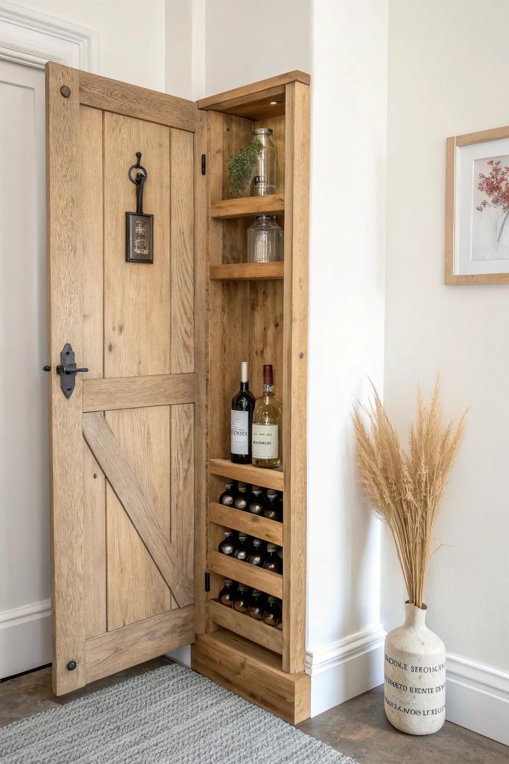Turn a narrow salvaged door into a chic corner wine rack with hardware kept beautifully intact.
