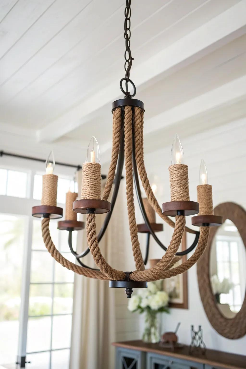Rustic meets minimalist: a rope-wrapped wood-arm chandelier with cozy cottage glow.
