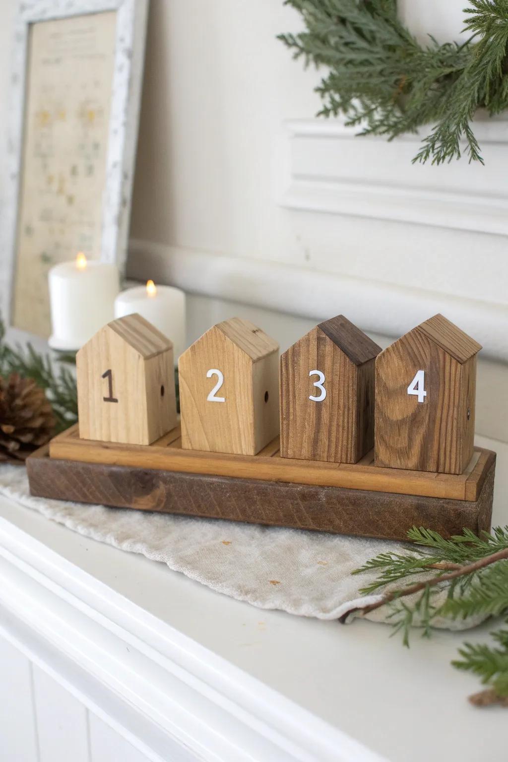 Thrifted scrap-wood Advent houses—simple, cozy cottage charm with a handmade glow.