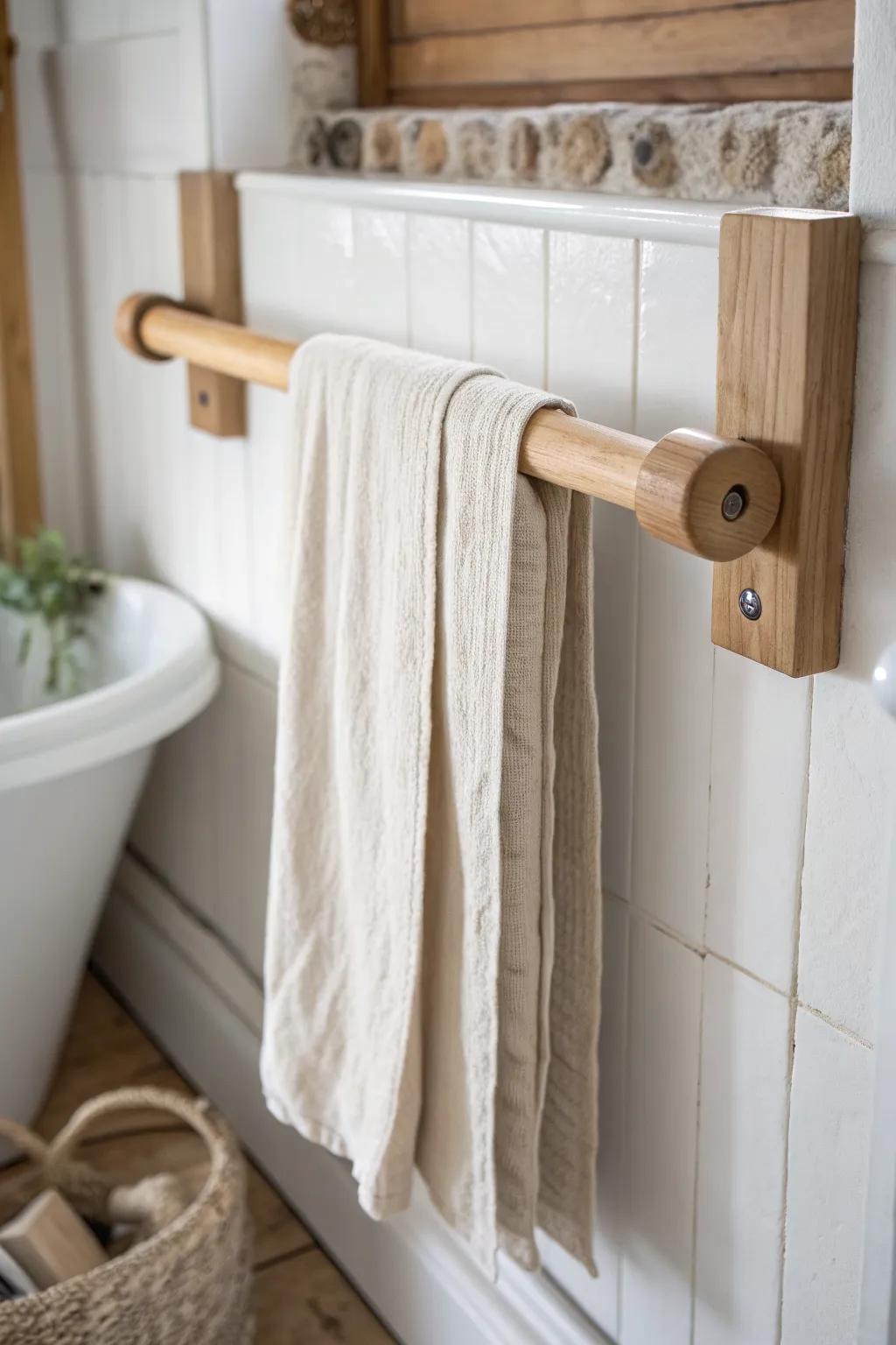 Swap in a simple oak dowel for linen towels—instant cottage-core warmth with minimal effort.