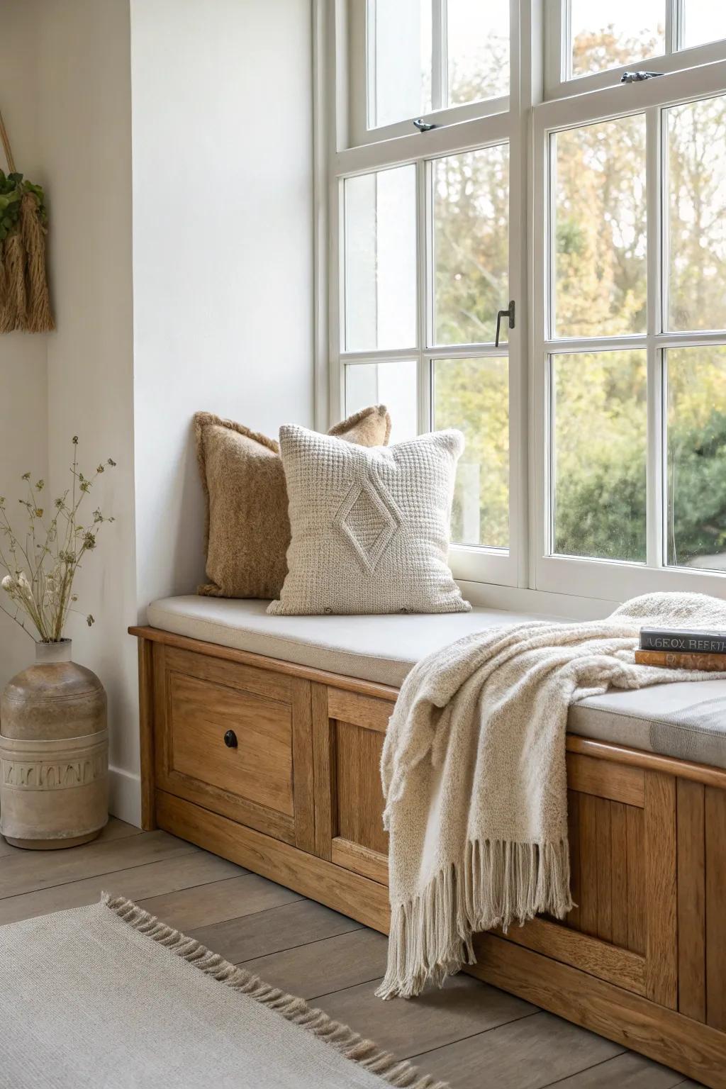 Cozy window seat reading nook with warm wood trim, layered linens, and hidden blanket storage.