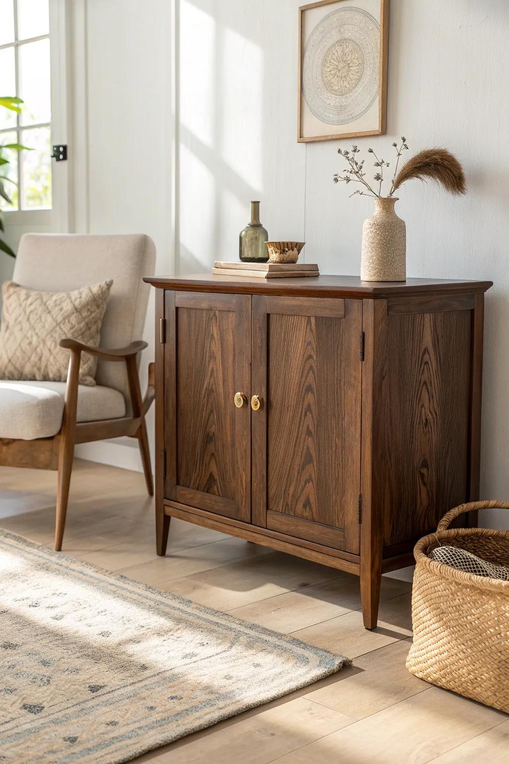 Dark wood meets light linen—cottage warmth with Scandinavian calm and a hint of boho.