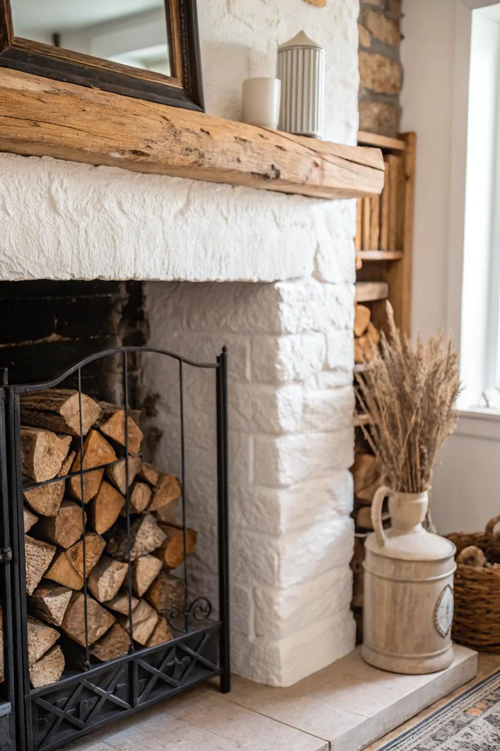 Cozy cottage fireplace styling: stacked wood + a reclaimed beam mantel for warm, grounded charm.