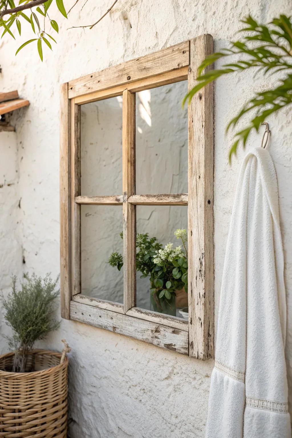 A salvaged wooden window frame adds cottagecore charm and texture to a calm, airy bathroom.