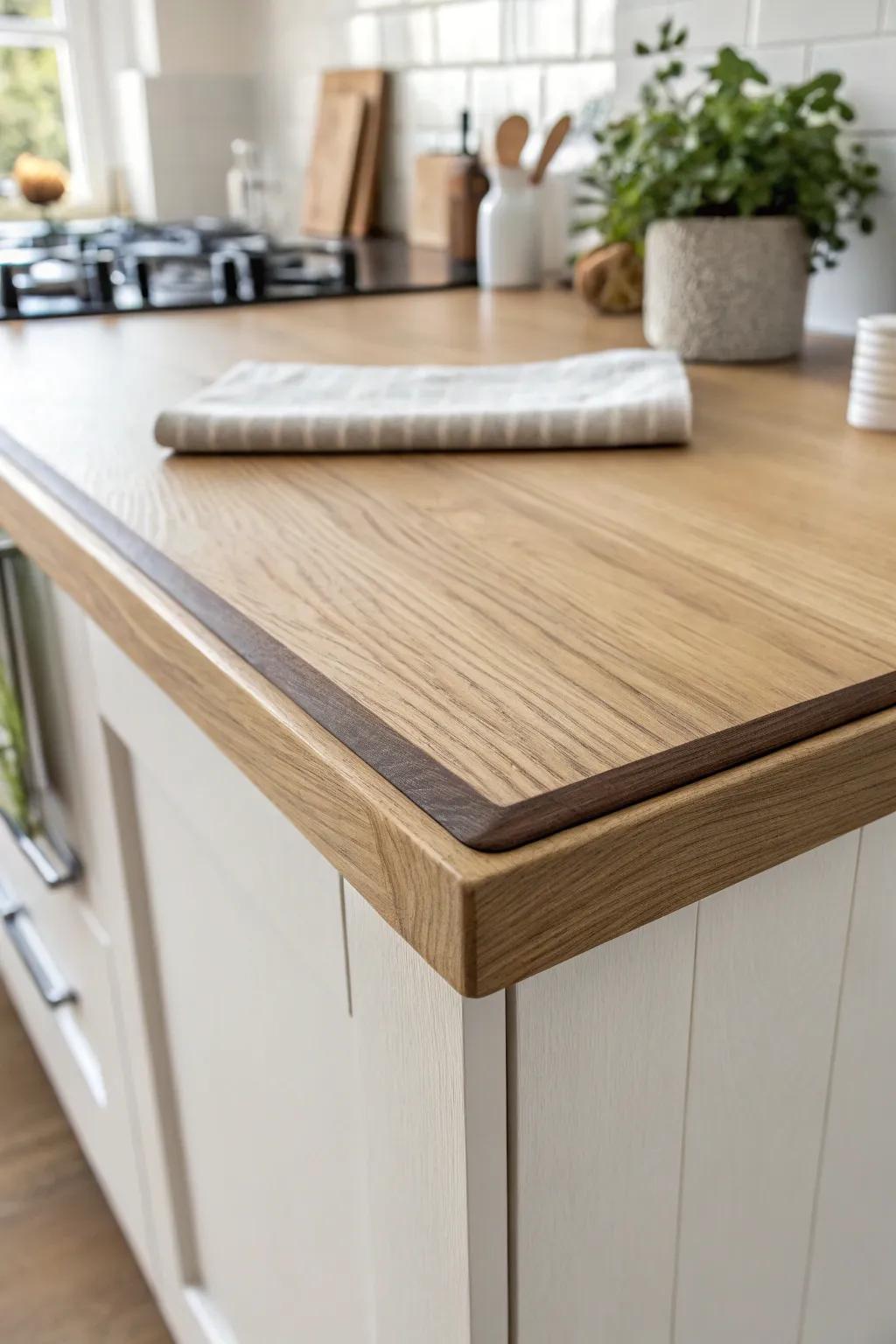 A slim dark walnut trim frames a pale oak counter, adding depth and a crisp, modern outline.